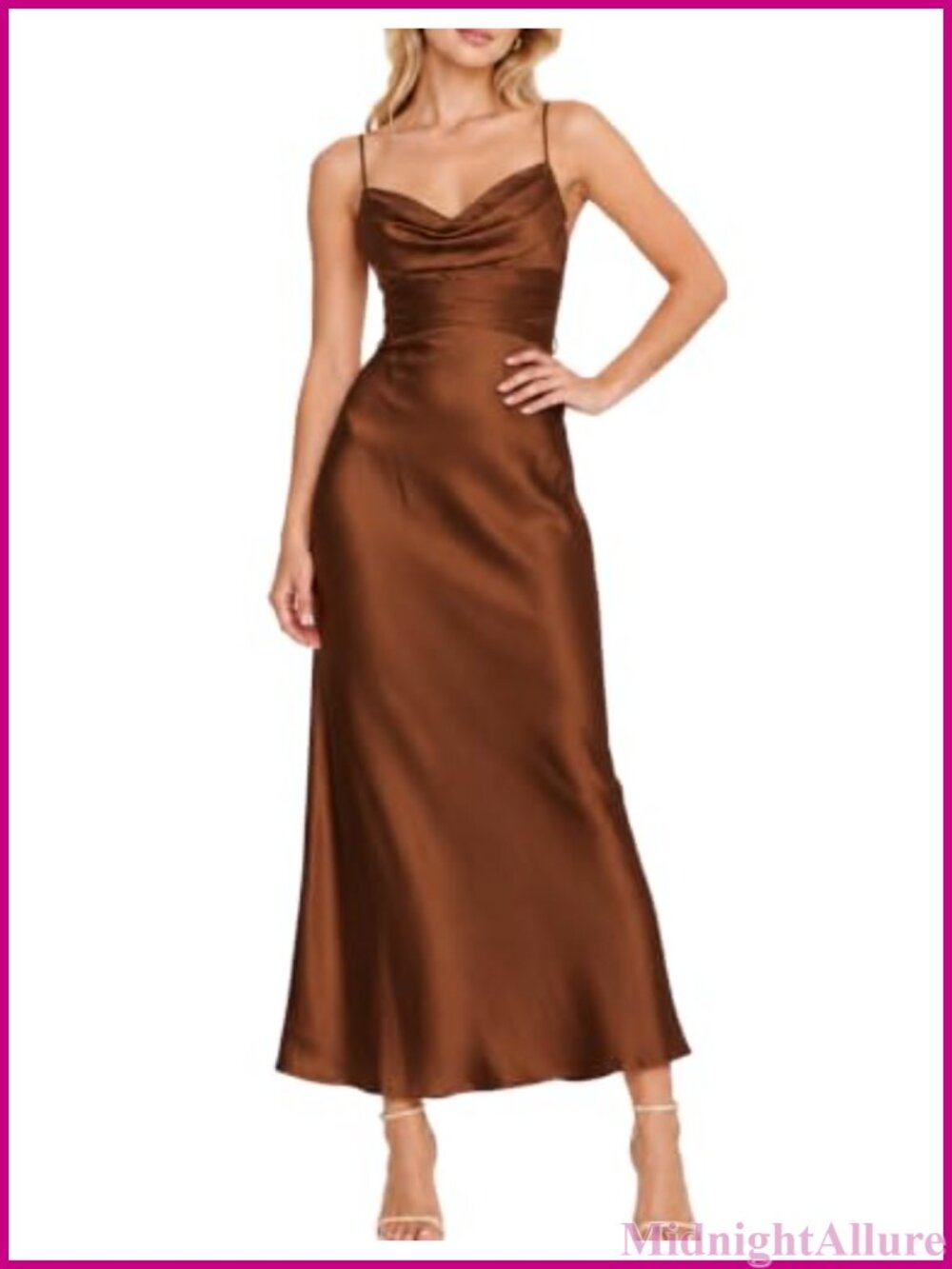Satin Cowl Neck Maxi Dress Spaghetti Strap Tie Waist Summer Cocktail